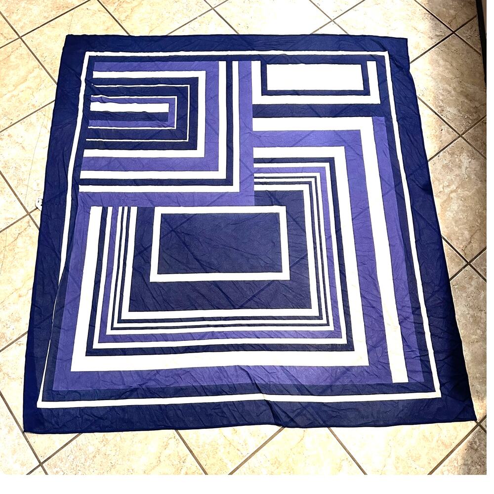 silk scarf Oscar De La Renta Vintage navy white geometric print wrap large 59"